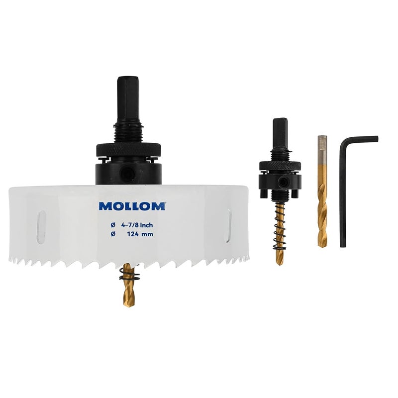 Mollom (124mm | 4-7/8") HSS M42 with 8% Cobalt BI-Metal Hole Saw with 2 Pilot Drill Bits & Arbor Smooth Cutting for PVC,Drywall,Wood,Plastic,Gypsum Board,Rubber - Image 1